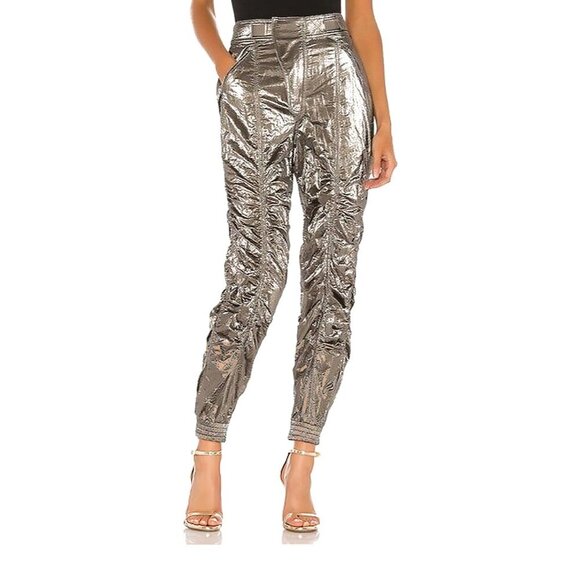 H:OURS at Revolve Brie Silver Metallic Ruched High Waist Pants - Picture 1 of 15